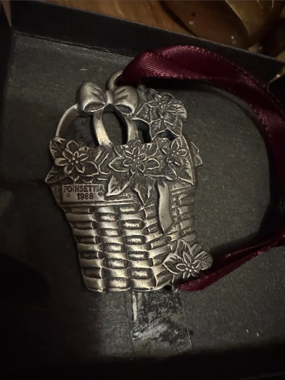 Longaberger Silver Basket Poinsettia Ornament with Burgundy Ribbon